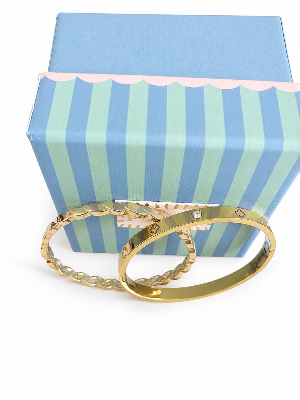 Anthropologie Gold Tone Crystal Accent Bangle Bracelet Set of 2
